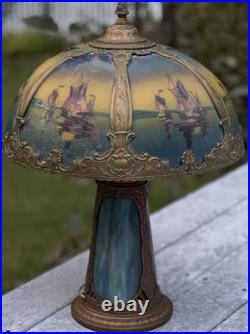Large Antique Ornate Empire Reverse Painted Table Lamp Lighted Slag Glass Base