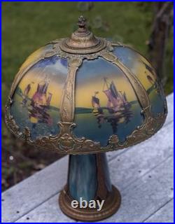 Large Antique Ornate Empire Reverse Painted Table Lamp Lighted Slag Glass Base