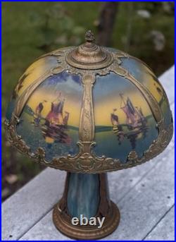 Large Antique Ornate Empire Reverse Painted Table Lamp Lighted Slag Glass Base