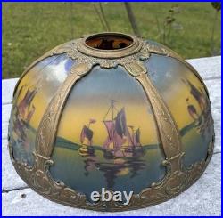 Large Antique Ornate Empire Reverse Painted Table Lamp Lighted Slag Glass Base