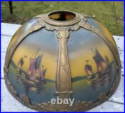 Large Antique Ornate Empire Reverse Painted Table Lamp Lighted Slag Glass Base