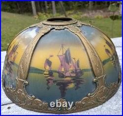 Large Antique Ornate Empire Reverse Painted Table Lamp Lighted Slag Glass Base