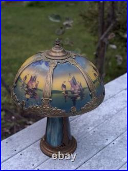 Large Antique Ornate Empire Reverse Painted Table Lamp Lighted Slag Glass Base
