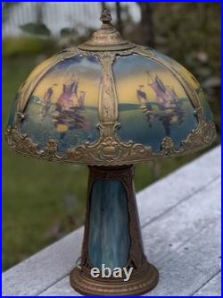 Large Antique Ornate Empire Reverse Painted Table Lamp Lighted Slag Glass Base
