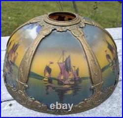 Large Antique Ornate Empire Reverse Painted Table Lamp Lighted Slag Glass Base