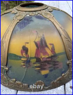 Large Antique Ornate Empire Reverse Painted Table Lamp Lighted Slag Glass Base