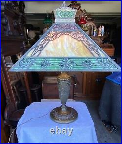 Large Antique Slag Glass Overlay Table Lamp, 33 Tall, Attr. Bradley And Hubbard