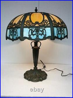 Large Antique Slag Glass Panel Lamp Empire Chicago Art Nouveau Caramel & Blue
