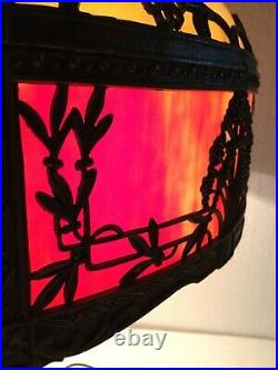 Large Antique Slag Glass Panel Lamp Royal Art Glass Caramel & Red Pink, Flowers