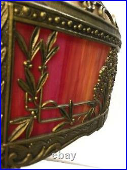Large Antique Slag Glass Panel Lamp Royal Art Glass Caramel & Red Pink, Flowers