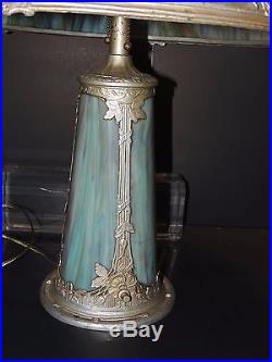 Large Antique Slag Glass Table Lamp with Blue Overlay and Lit Base