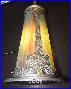 Large Antique Slag Glass Table Lamp with Blue Overlay and Lit Base