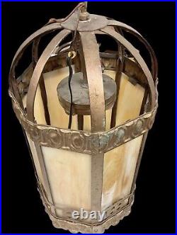Large Antique Victorian Caramel Slag Glass Hall Lantern Lamp Light Fixture