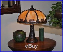Large Arts and Crafts Slag Glass Lamp with Pottery Base Kiss Brothers