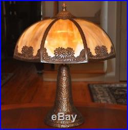 Large Arts and Crafts Slag Glass Lamp with Pottery Base Kiss Brothers