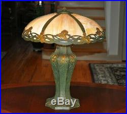 Large Bradley & Hubbard Arts and Crafts Iris Slag Glass Lamp B&H Art Nouveau