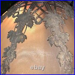 Large Bradley & Hubbard Caramel Ribbed Slag Glass Lamp W Grape Leaf/Vine Overlay