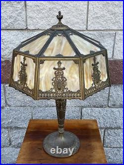 Large Brass 16 Panel Slag Glass Table Lamp 28 1/2 X 19 1/2