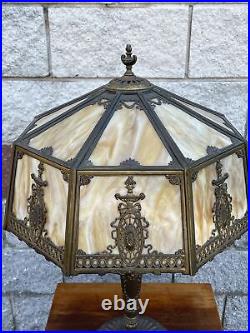 Large Brass 16 Panel Slag Glass Table Lamp 28 1/2 X 19 1/2