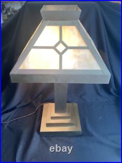 Large Oversized Vintage Stained Slag Glass Mission Oak Arts & Crafts Table Lamp