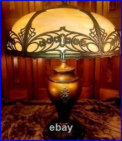 Large Salem Brothers Art Nouveau Antique Slag Glass Table Lamp