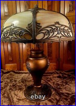 Large Salem Brothers Art Nouveau Antique Slag Glass Table Lamp