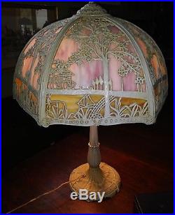 Large Scenic 16 panel Miller slag glass table lamp