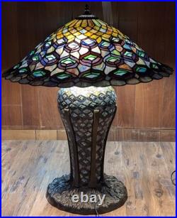 Large Tiffany Style Peacock Feather Slag Glass Mosaic Reproduction Table Lamp Large Tiffany Style Peacock Feather Slag Glass Mosaic Reproduction Table Lamp
