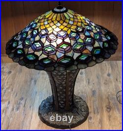 Large Tiffany Style Peacock Feather Slag Glass Mosaic Reproduction Table Lamp