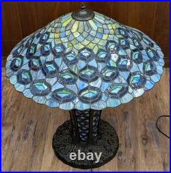 Large Tiffany Style Peacock Feather Slag Glass Mosaic Reproduction Table Lamp