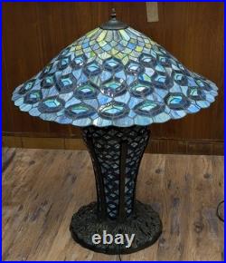 Large Tiffany Style Peacock Feather Slag Glass Mosaic Reproduction Table Lamp