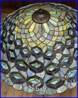 Large Tiffany Style Peacock Feather Slag Glass Mosaic Reproduction Table Lamp