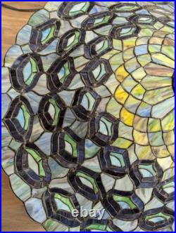 Large Tiffany Style Peacock Feather Slag Glass Mosaic Reproduction Table Lamp