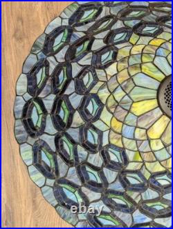 Large Tiffany Style Peacock Feather Slag Glass Mosaic Reproduction Table Lamp