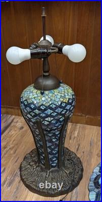 Large Tiffany Style Peacock Feather Slag Glass Mosaic Reproduction Table Lamp