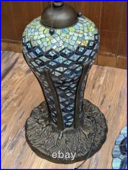 Large Tiffany Style Peacock Feather Slag Glass Mosaic Reproduction Table Lamp