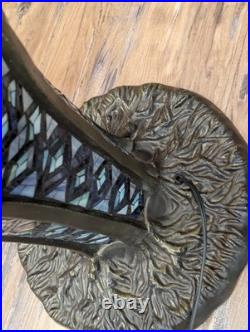 Large Tiffany Style Peacock Feather Slag Glass Mosaic Reproduction Table Lamp