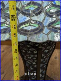 Large Tiffany Style Peacock Feather Slag Glass Mosaic Reproduction Table Lamp