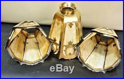 Large Vintage Mission Arts&crafts Brass And Slag Glass Lamp Shades Set Of 3