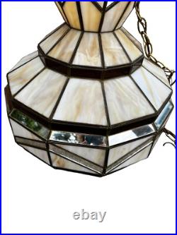 Large Vintage Slag Glass Hanging Lamp 15. X 14.5 Mirrored Panels