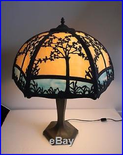 Large bent slag glass shade table lamp with two color glass shade FREE SHIPPING