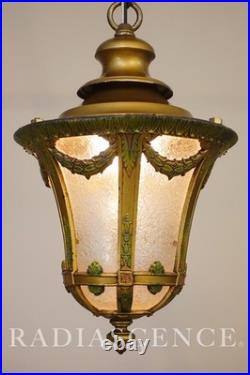 Lightolier Art Deco Urn Slag Glass Cold Painted Lantern Hanging Swag Lamp 1920's
