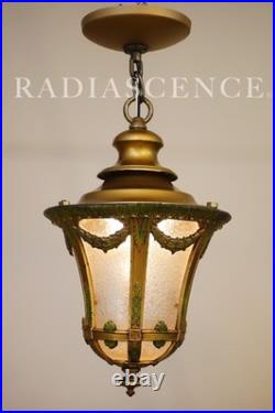 Lightolier Art Deco Urn Slag Glass Cold Painted Lantern Hanging Swag Lamp 1920's