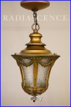 Lightolier Art Deco Urn Slag Glass Cold Painted Lantern Hanging Swag Lamp 1920's