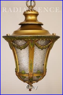 Lightolier Art Deco Urn Slag Glass Cold Painted Lantern Hanging Swag Lamp 1920's Lightolier Art Deco Urn Slag Glass Cold Painted Lantern Hanging Swag Lamp 1920's