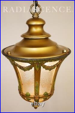 Lightolier Art Deco Urn Slag Glass Cold Painted Lantern Hanging Swag Lamp 1920's