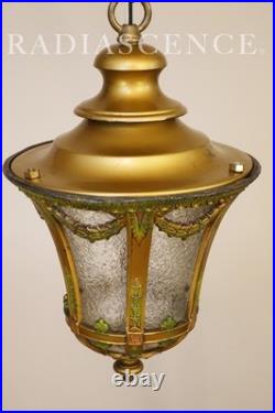 Lightolier Art Deco Urn Slag Glass Cold Painted Lantern Hanging Swag Lamp 1920's
