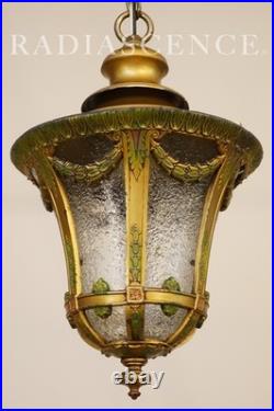 Lightolier Art Deco Urn Slag Glass Cold Painted Lantern Hanging Swag Lamp 1920's