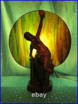 Lovely Art Deco GYPSY Lady Playing Tambourine Lamp With Vintage Slag Glass Shade