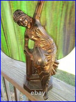 Lovely Art Deco GYPSY Lady Playing Tambourine Lamp With Vintage Slag Glass Shade
